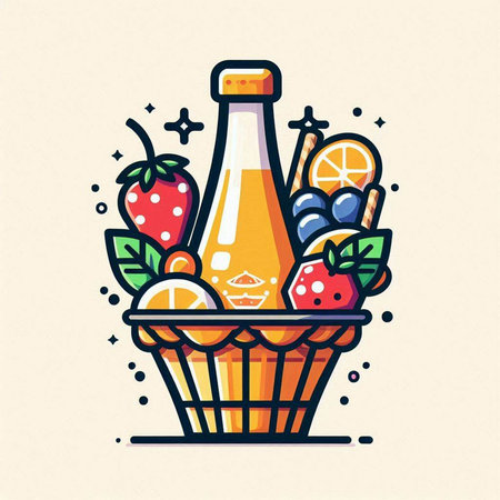 Vector illustration of bottle of orange juice in a basket with fruits and berries.のイラスト素材