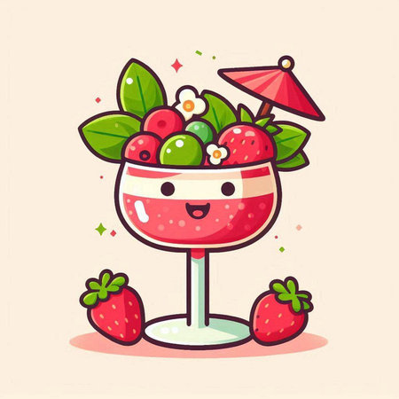 Cute Strawberry Ice Cream Cartoon Mascot Character Illustration.のイラスト素材