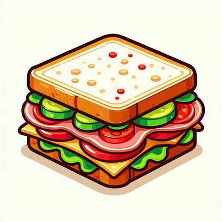 Sandwich with ham, cheese, tomato and cucumber. Vector illustration.のイラスト素材