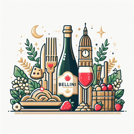 Vector illustration of Italian food and drinks in flat line style. Restaurant menu design.のイラスト素材
