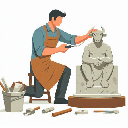 Carpenter working with stone statue. Vector illustration in cartoon styleのイラスト素材