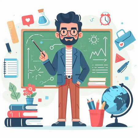 Teacher in front of blackboard. Vector illustration in flat styleのイラスト素材