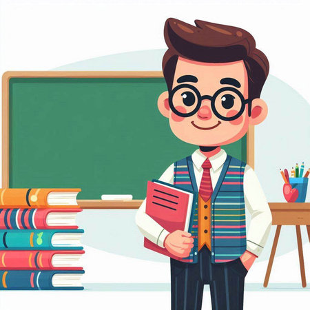 Schoolboy in glasses standing at the blackboard. Vector illustration.のイラスト素材