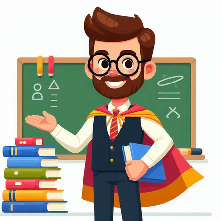Male teacher with books and chalkboard. Vector illustration in cartoon styleのイラスト素材