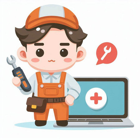 cute cartoon mechanic man with wrench and laptop. Vector illustration.のイラスト素材