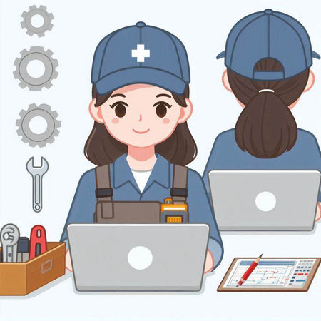 Illustration of a Female Mechanic Working with Laptop and Toolsのイラスト素材