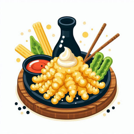 Illustration of japanese food on plate with soy sauce, wasabi and chopsticksのイラスト素材