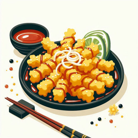 Illustration of a Japanese food on a plate with chopsticks.のイラスト素材