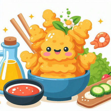 Illustration of a Cute Chicken Tempura with Salsa Sauceのイラスト素材