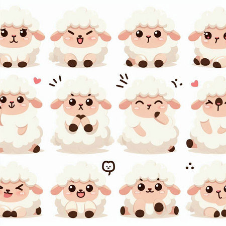 Cute sheep with different emotions. Vector illustration isolated on white background.のイラスト素材