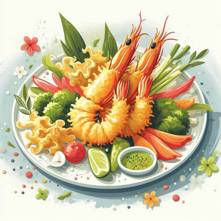 Illustration of shrimps on a plate with vegetables and sauceのイラスト素材