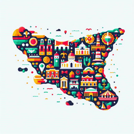 South America map made of travel icons in flat style. Vector illustration.のイラスト素材