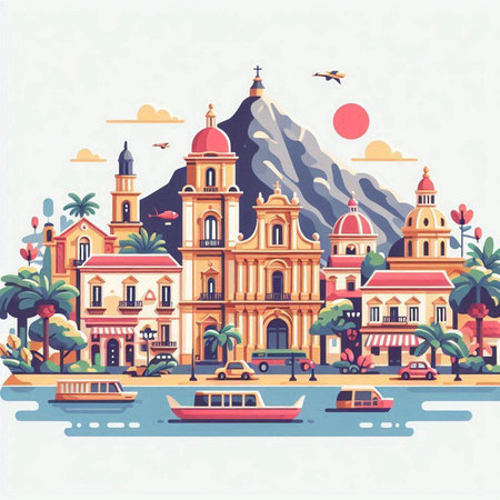Cityscape of San Miguel, Chile. Vector illustration in flat styleのイラスト素材