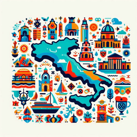 Greece map with travel icons. Vector illustration in flat styleのイラスト素材