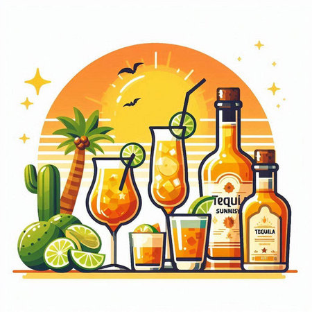 Set of tequila, tequila, tequila, coctail, liqueuraritas, cactus, lime, sun and clouds. Vector illustrationのイラスト素材