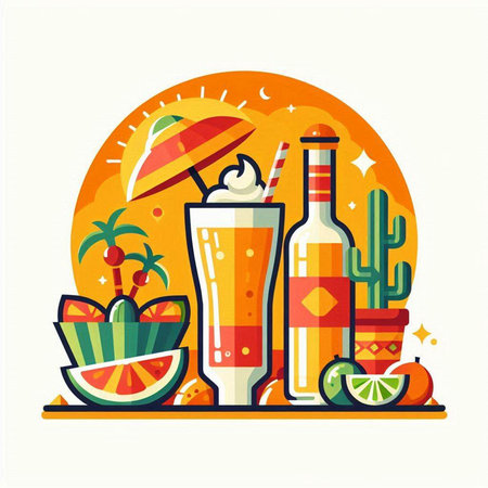 Vector illustration of a set of drinks and cocktails on the beach.のイラスト素材