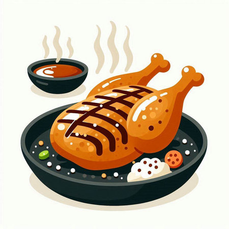 Illustration of grilled chicken with soy sauce in a frying pan.のイラスト素材