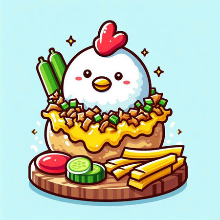 Illustration of Cute Chicken with egg yolk and vegetables.のイラスト素材