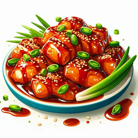 Illustration of a bowl of sweet and sour pork with sesame seedsのイラスト素材