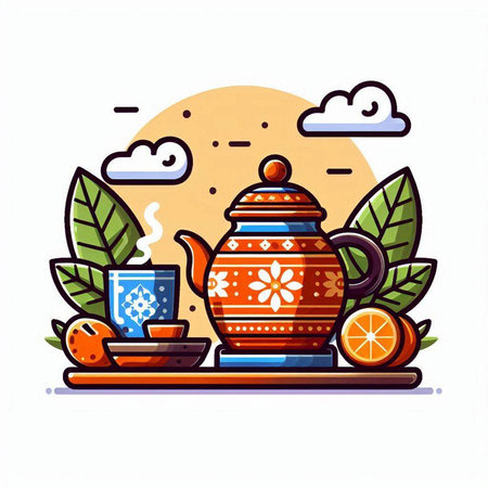 Ceramic teapot and cup of tea with oranges. Vector illustration.のイラスト素材