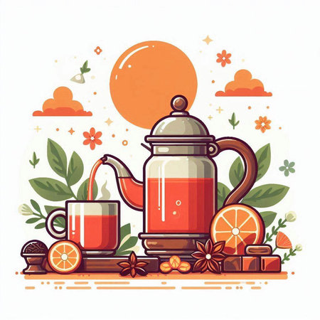Cup of tea with teapot, cinnamon, star anise and orange. Vector illustration.のイラスト素材