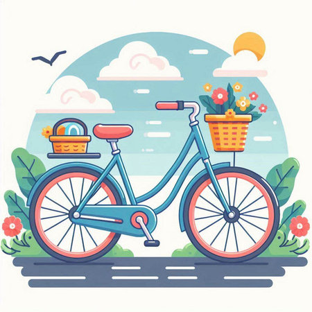 Bicycle with basket of flowers. Vector illustration in flat style.のイラスト素材