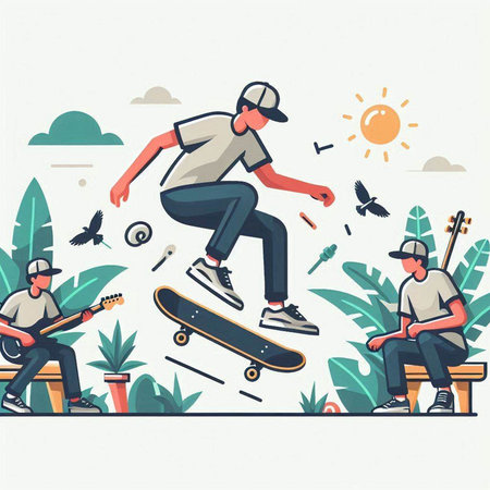 Skateboarder in the park. Vector illustration in flat styleのイラスト素材