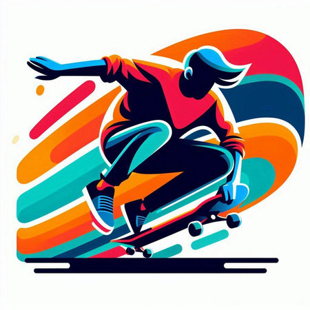 Skateboarder riding a skateboard on colorful background, vector illustrationのイラスト素材