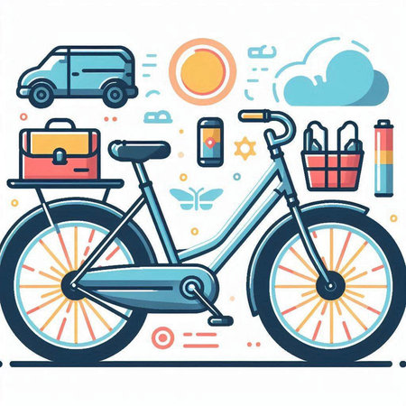 Vector illustration of a bicycle with a set of travel items in a flat style.のイラスト素材