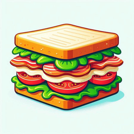 Sandwich with ham, cheese, tomato and lettuce. Vector illustration.のイラスト素材