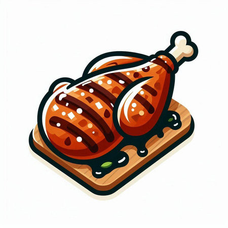 Roast chicken on wooden cutting board isolated on white background. Vector illustration.のイラスト素材