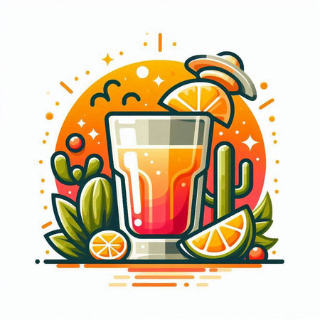 Cocktail with lime and cactus. Vector illustration in flat styleのイラスト素材
