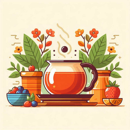 Cup of tea with floral elements. Vector illustration in flat styleのイラスト素材