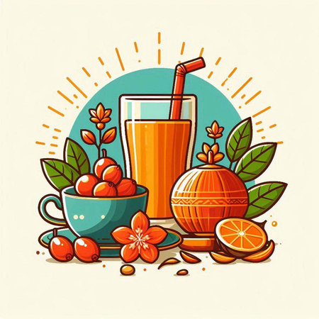 Cup of coffee, orange juice, berries and leaves. Vector illustration.のイラスト素材