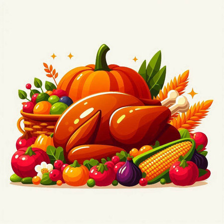Thanksgiving day vector illustration with pumpkin, apples, corn and vegetables.のイラスト素材