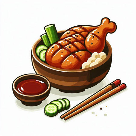 Illustration of grilled chicken in a wooden bowl with chopsticks and soy sauceのイラスト素材