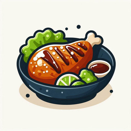 Vector illustration of grilled chicken leg with vegetables in a frying pan.のイラスト素材
