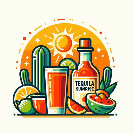 Mexican tequila bottle, guacamole, lime, watermelon, lemon and cucumber vector illustration.のイラスト素材