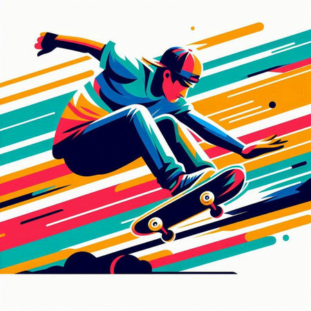 Skateboarder jumping on colorful background. Vector illustration of extreme sport.のイラスト素材