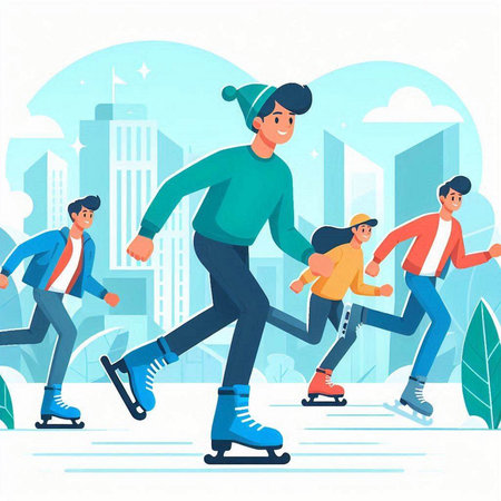 People skating on ice rink. Vector illustration in flat cartoon style.のイラスト素材