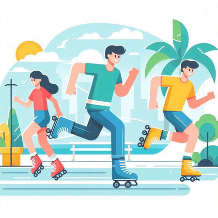 Active people on roller skates in the park, vector illustration.のイラスト素材