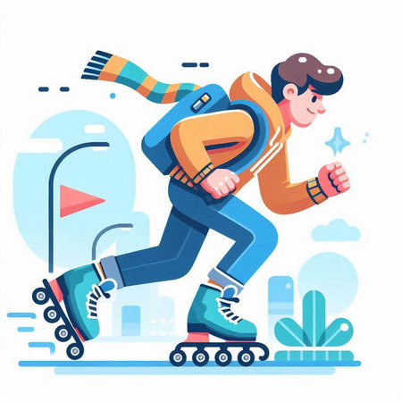 Young man riding on roller skates in the city, flat vector illustration.のイラスト素材