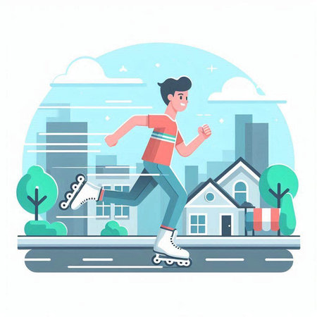Man on roller skates in the city. Vector illustration in flat styleのイラスト素材
