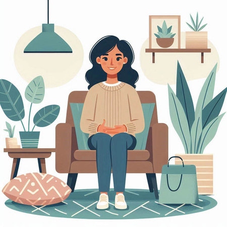 Young woman sitting in armchair and reading book. Vector illustration.のイラスト素材