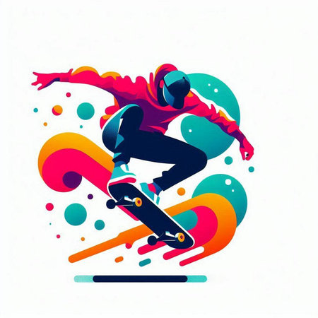 Skateboarder jumping with colorful abstract background. Vector illustration.のイラスト素材