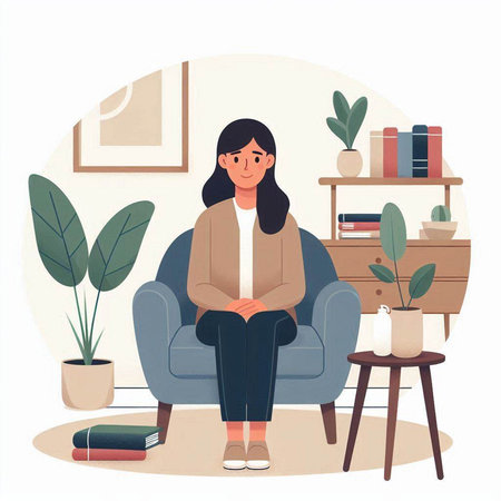 Woman sitting in armchair and reading book. Flat style vector illustration.のイラスト素材