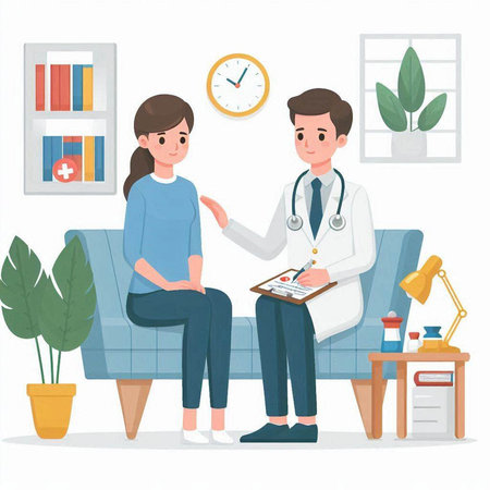 Doctor and patient at home. Medical consultation. Vector illustration in cartoon styleのイラスト素材