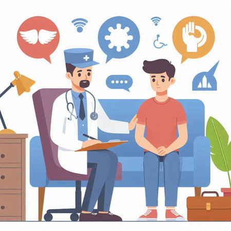 Vector illustration of a doctor and patient sitting on the couch and talking.のイラスト素材