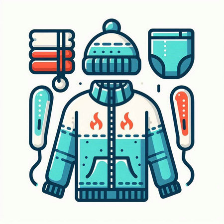 Vector illustration of a man in a winter jacket with a thermometer and socks.のイラスト素材