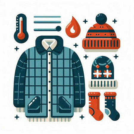 Vector illustration of winter clothes and accessories. Flat style design. Winter clothing.のイラスト素材